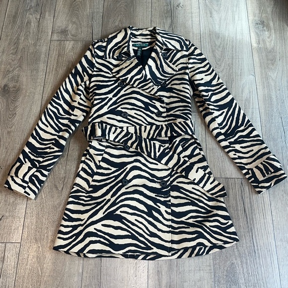 Lauren Ralph Lauren Animal Print Trench Coat Black & Khaki Size Small - Picture 1 of 10